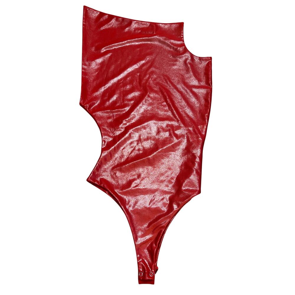 Red Shiny Asymmetrical Bodysuit - Women